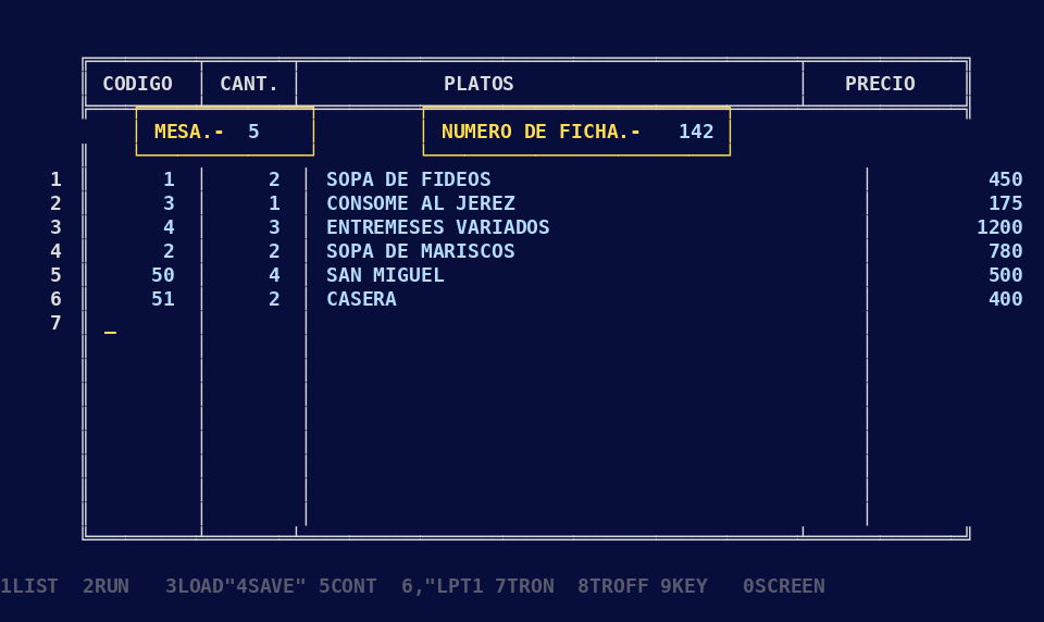 PANOCHA.BAS — pantalla INTRODUCIR PLATOS con datos de ejemplo