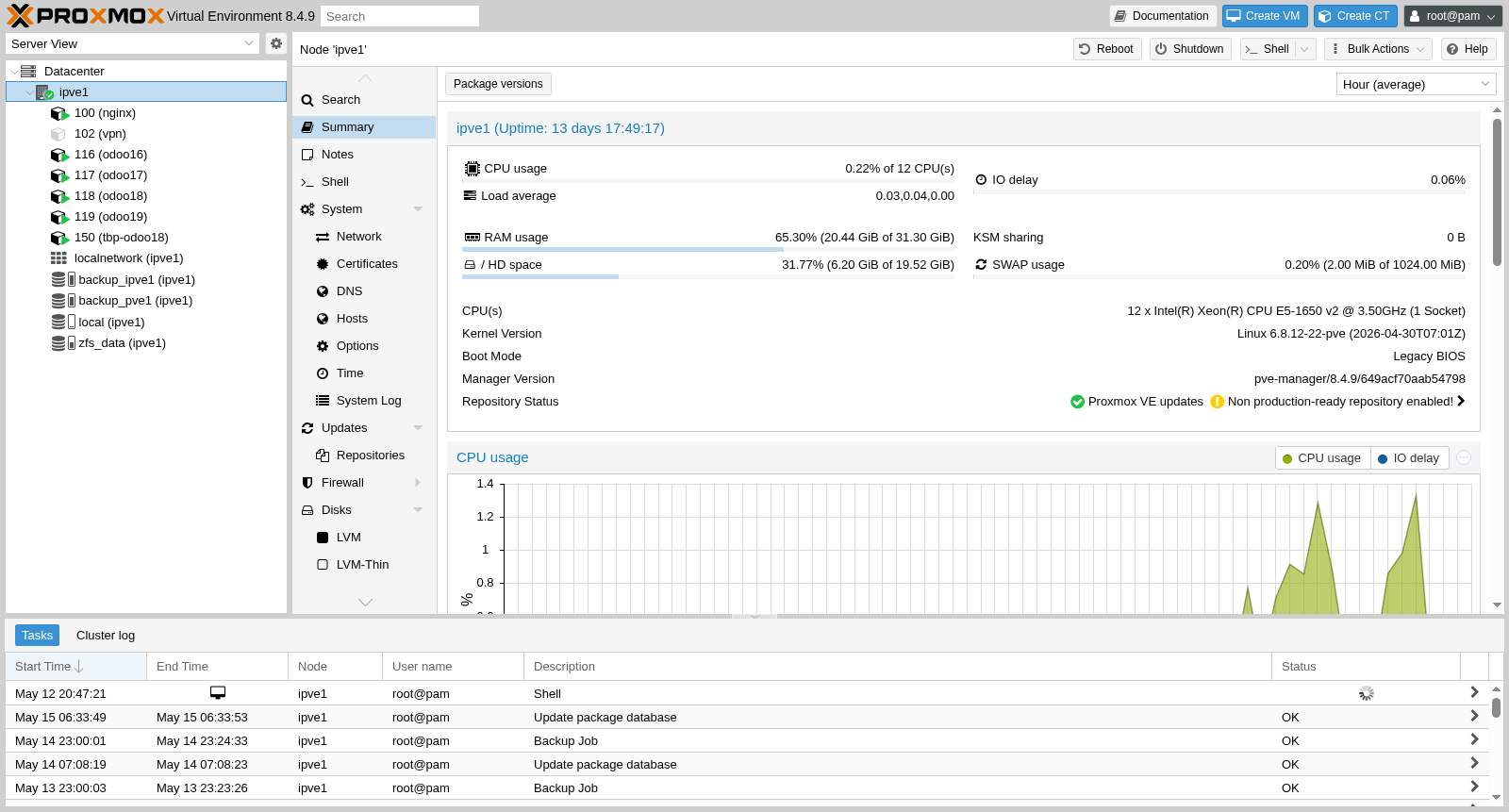 Vista Summary del nodo ipve1 en la nube de OVH