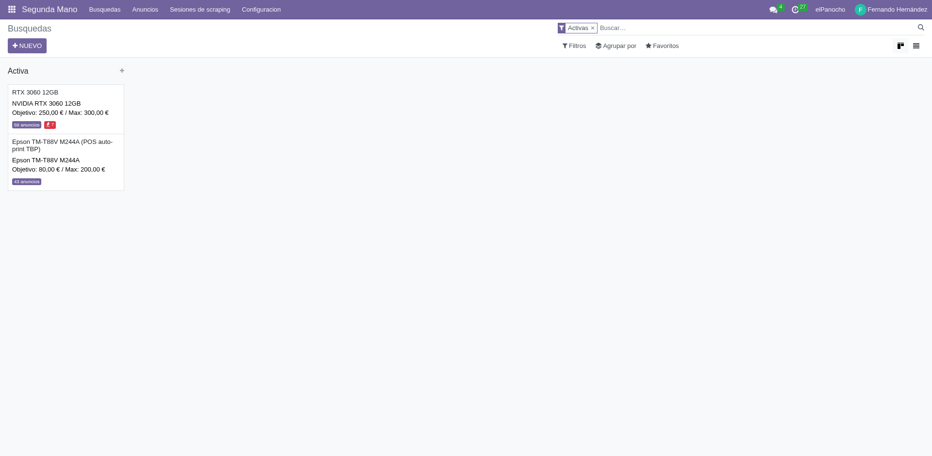 Kanban view of second-hand searches
