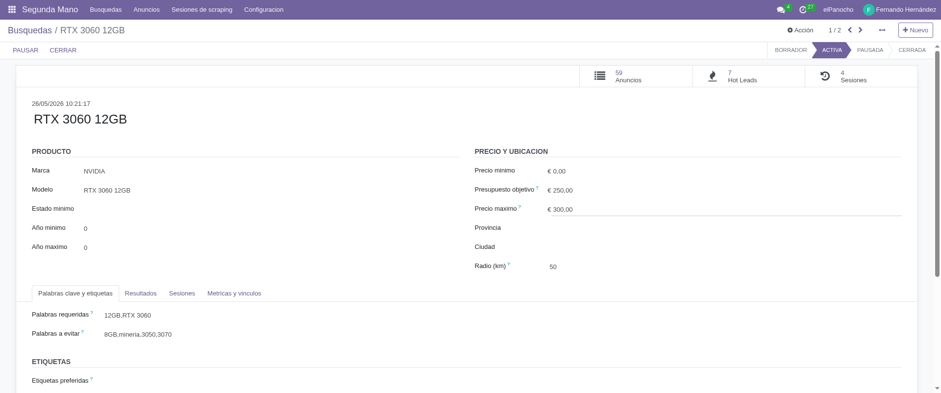 Search form view with criteria and stats