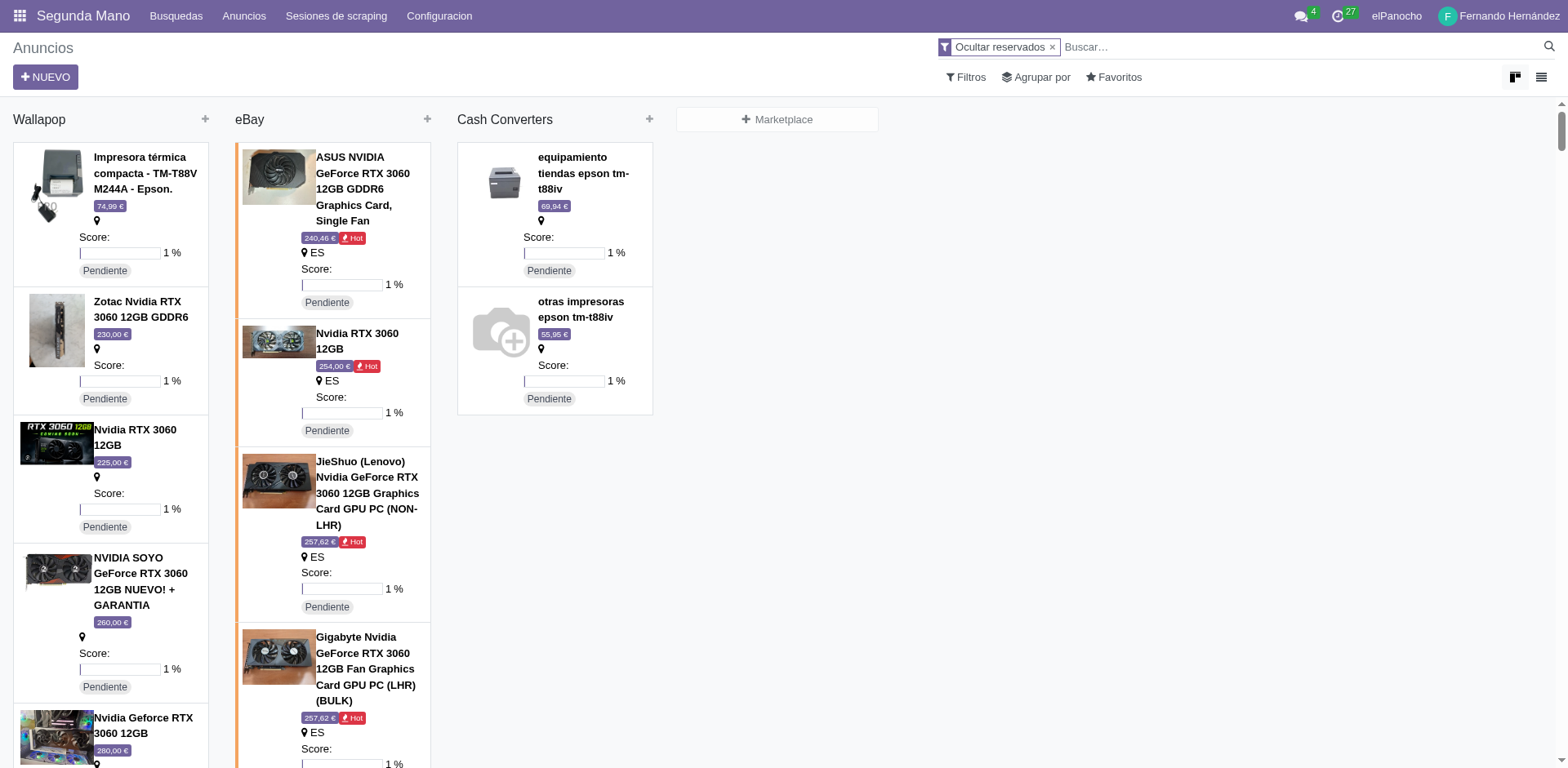 Listings kanban grouped by marketplace