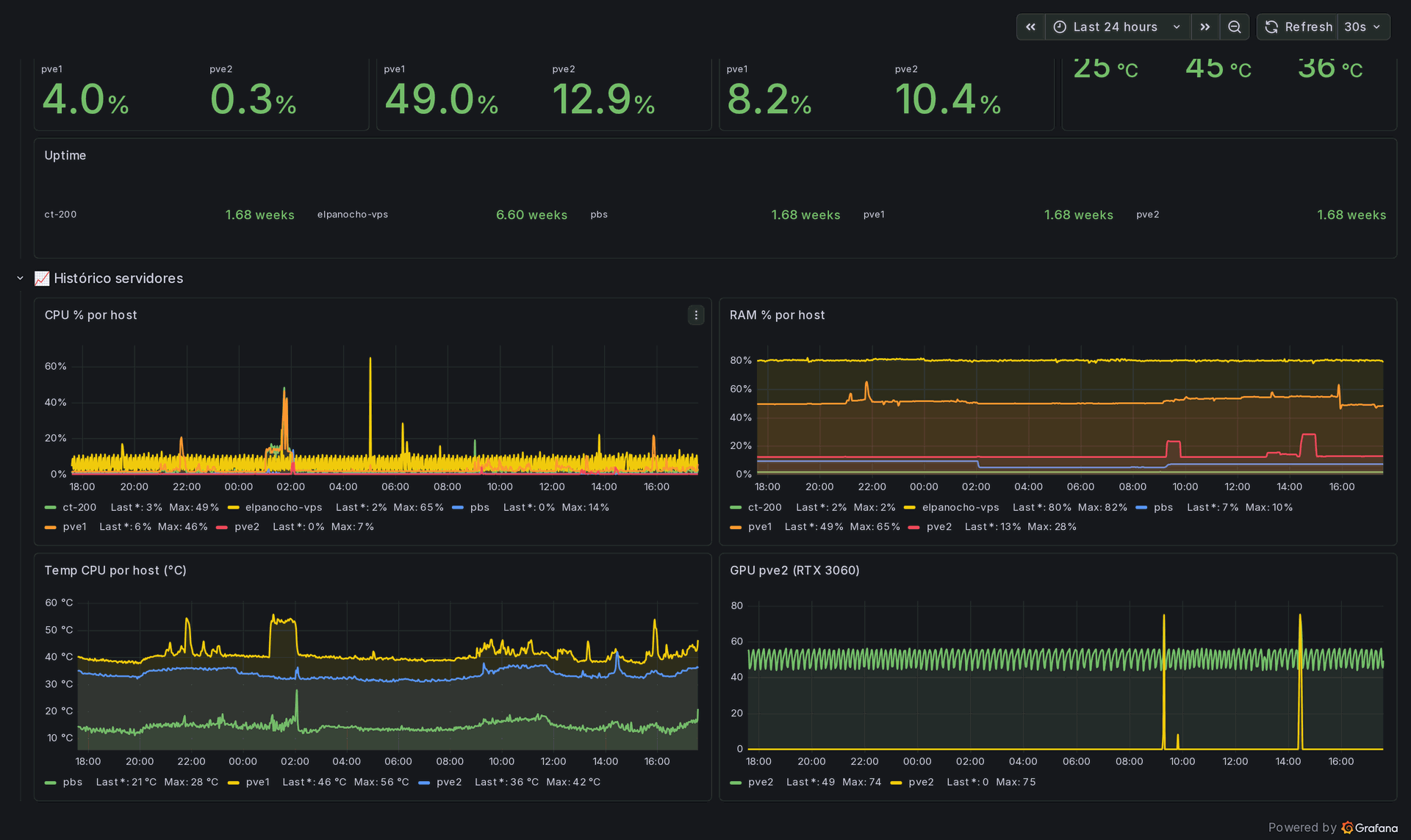 Twenty four hours of history: processor, memory and temperature per host, plus the graphics card